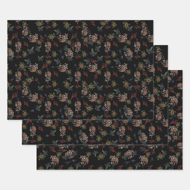 Floral Raccoons Cute Sleeping Racoon Pattern Wrapping Paper Sheet (Set)