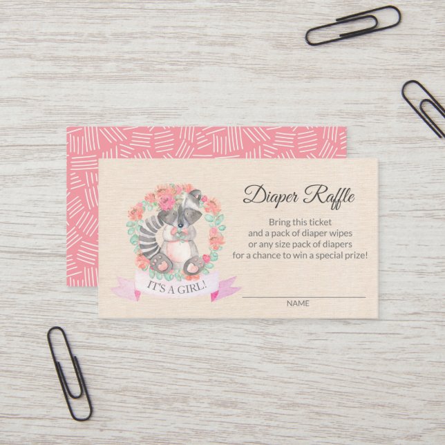 Floral Racoon Baby Shower Diaper Raffle Ticket (Front/Back In Situ)