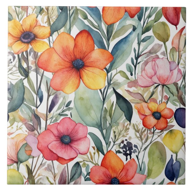 Floral Radiance: Vibrant Design Delights Ceramic Tile (Front)
