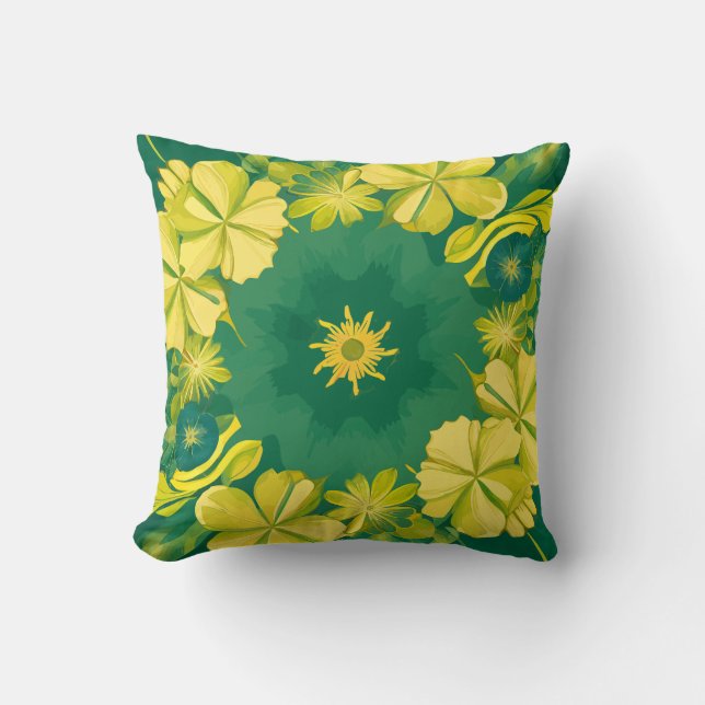 Floral Radiance: Yellow & Green Botanical Pattern Cushion (Front)