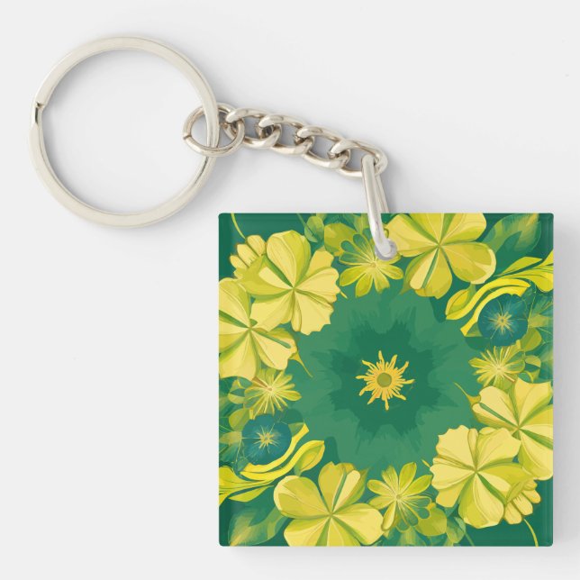 Floral Radiance: Yellow & Green Botanical Pattern Key Ring (Front)