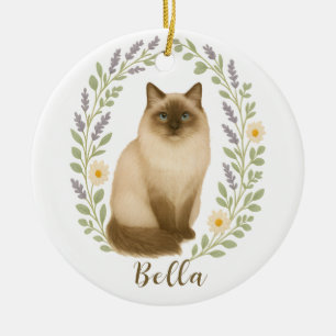 Floral Ragdoll Cat Frame Personalized Name Ceramic Ornament