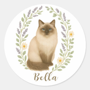 Floral Ragdoll Cat Frame Personalized Name Classic Round Sticker