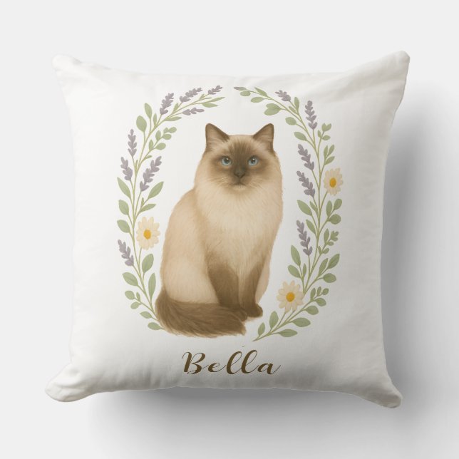 Floral Ragdoll Cat Frame Personalized Name Cushion (Front)