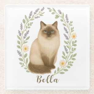 Floral Ragdoll Cat Frame Personalized Name Glass Coaster