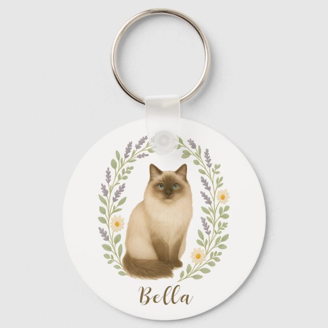 Floral Ragdoll Cat Frame Personalized Name Key Ring (Front)