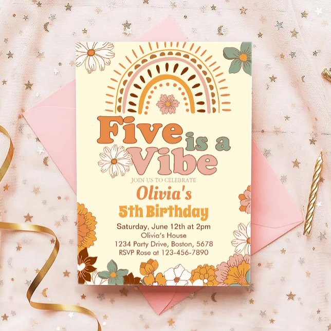 Floral Rainbow 5th Birthday Invitation (Creator Uploaded)