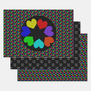 Floral Rainbow Love Hearts Custom Wrapping Paper Sheet