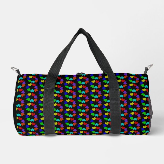 Floral Rainbow Love Hearts Patterned Duffle Bag (Front)