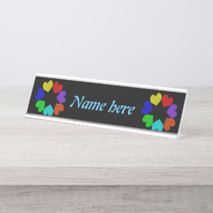 Floral Rainbow Love Hearts Personalised Desk Name Plate