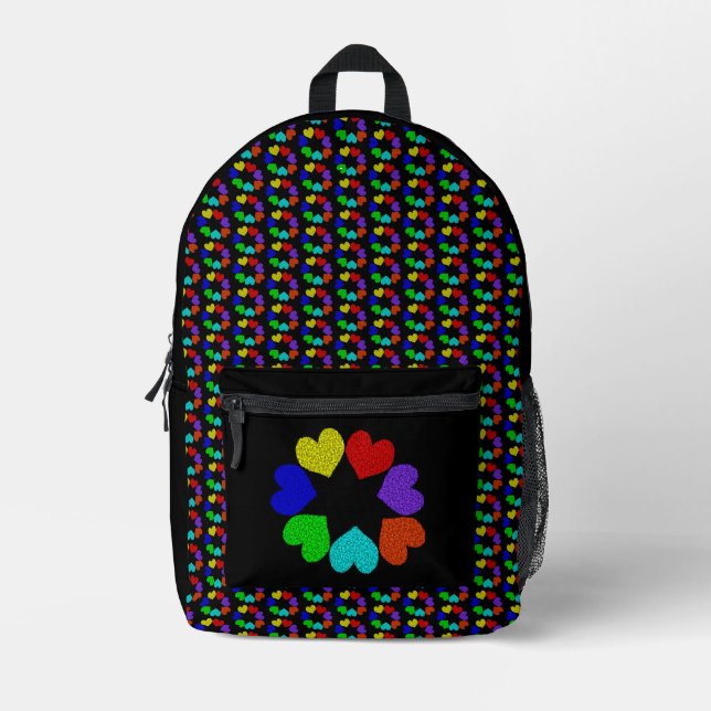 Floral Rainbow Love Hearts Printed Backpack (Front)