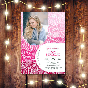 Floral Rainbow Pink Stripes Arch Photo Birthday  Invitation