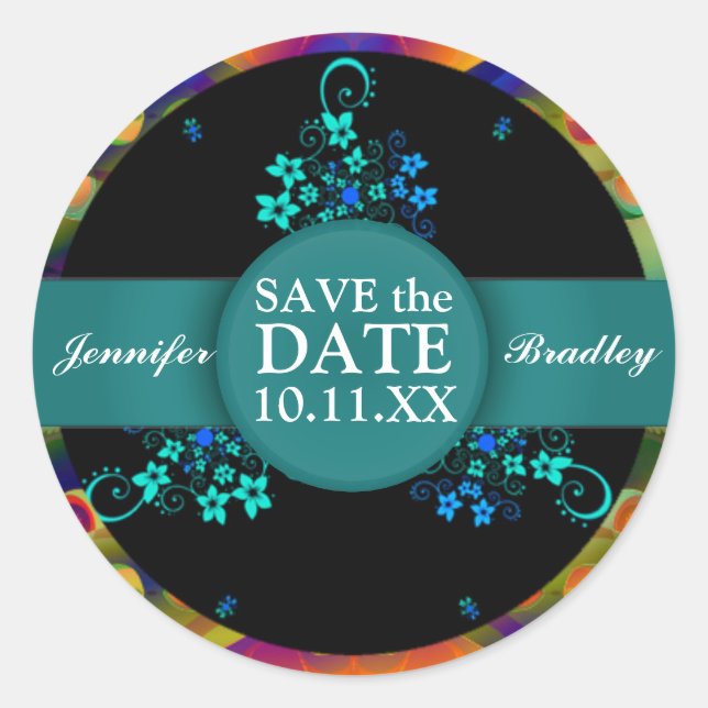 Floral Rainbow Round Save the Date Sticker (Front)