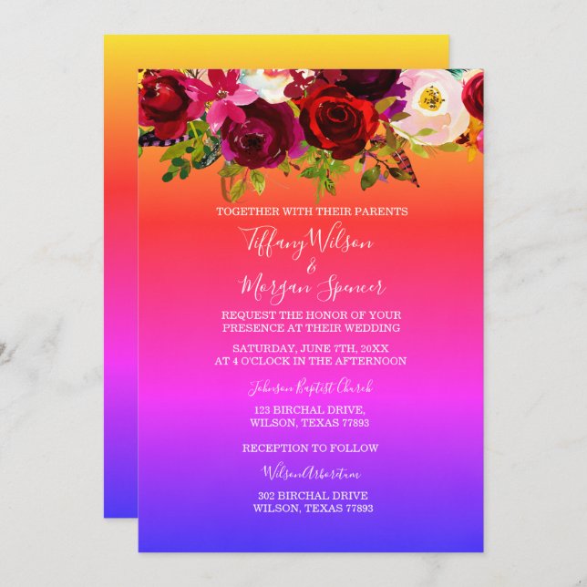 Floral Rainbow Same-Sex Marriage wedding Invite (Front/Back)