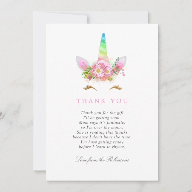 Floral Rainbow Unicorn Girl Baby Shower Thank You Card (Front)