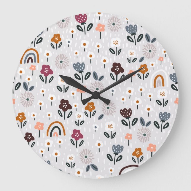Floral Rainbows: Hand Drawn Seamless Texture Large Clock (Front)
