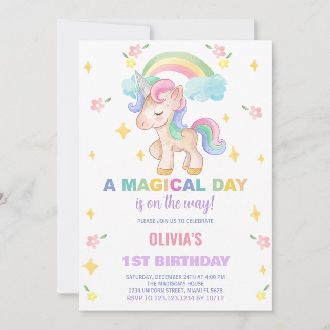 Floral Rainbows Unicorn Birthday Invitations (Front)