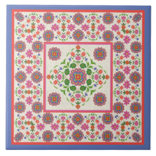 Floral Rangoli Pattern Border, Ecru: Ceramic Tile