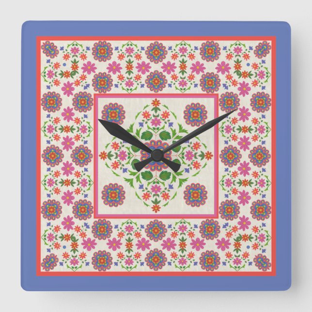 Floral Rangoli Pattern Border on Ecru: Wall Clock (Front)