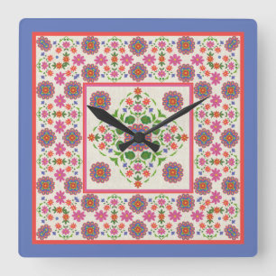 Floral Rangoli Pattern Border on Ecru: Wall Clock