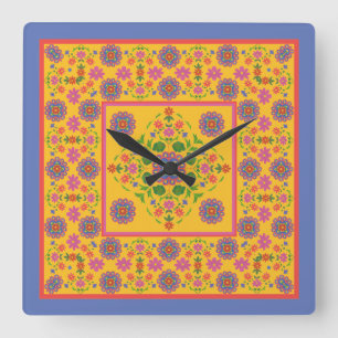 Floral Rangoli Pattern Border on Yellow Wall Clock