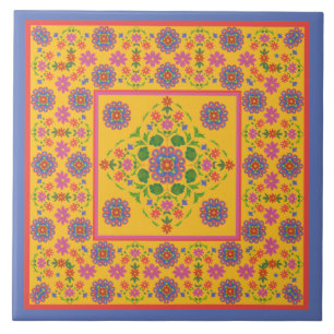 Floral Rangoli Pattern Border, Yellow Ceramic Tile
