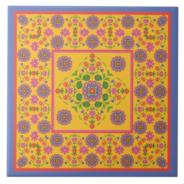 Floral Rangoli Pattern Border, Yellow Ceramic Tile (Front)