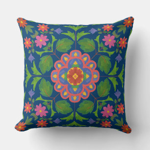 Floral Rangoli Pattern Deep Blue Pillow or Cushion