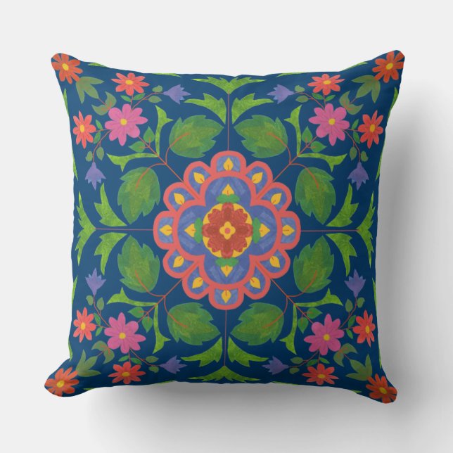 Floral Rangoli Pattern Deep Blue Pillow or Cushion (Front)