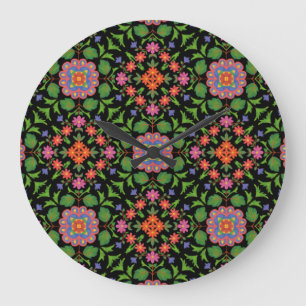 Floral Rangoli Pattern on Black Acrylic Wall Clock