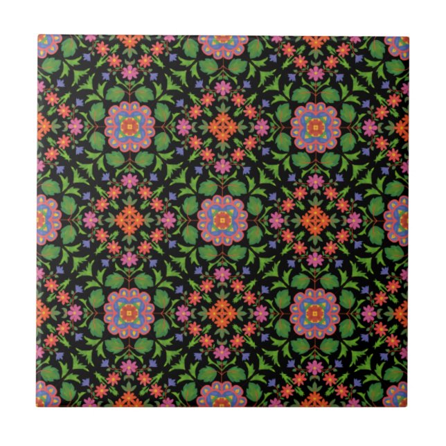 Floral Rangoli Pattern on Black Ceramic Tile (Front)
