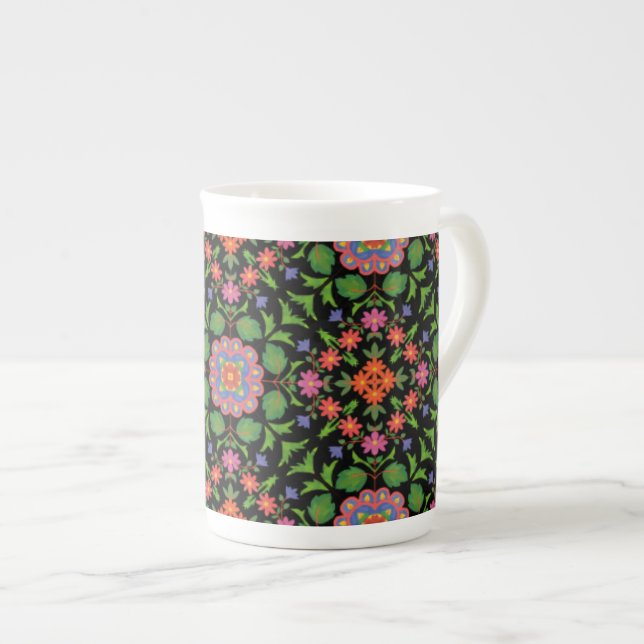 Floral Rangoli Pattern on Black China Mug (Front Right)