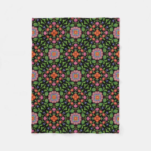 Floral Rangoli Pattern on Black Fleece Blanket (Front)
