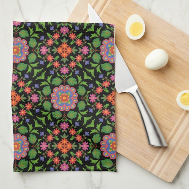 Floral Rangoli Pattern on Black Kitchen Towel (Quarter Fold)