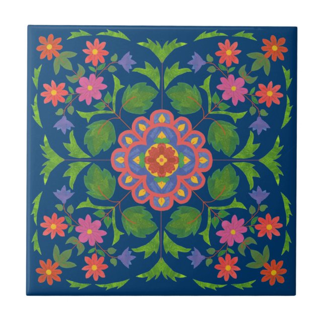 Floral Rangoli Pattern on Blue Ceramic Tile (Front)