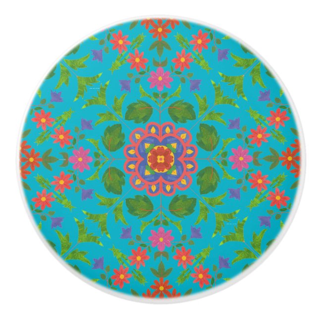 Floral Rangoli Pattern on Turquoise Ceramic Knob (Front)