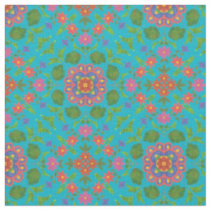 Floral Rangoli Pattern Turquoise Custom Fabric