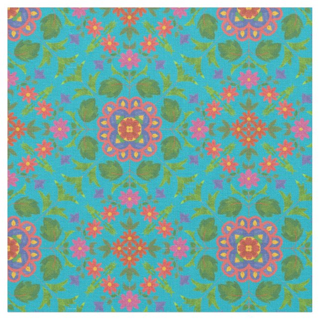 Floral Rangoli Pattern Turquoise Custom Fabric (Close Up)