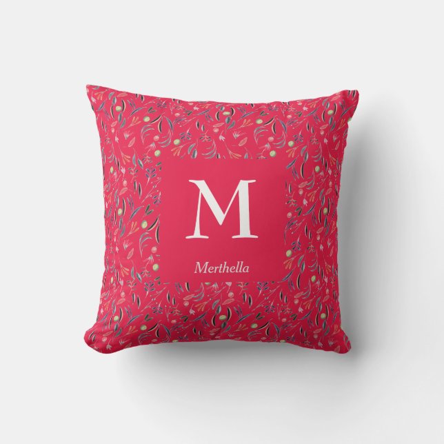 FLORAL Raspberry | Personalised | MONOGRAM Cushion (Front)