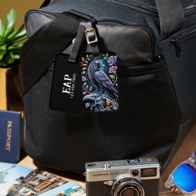 Floral Raven Black Luggage Tag (Front & Back)