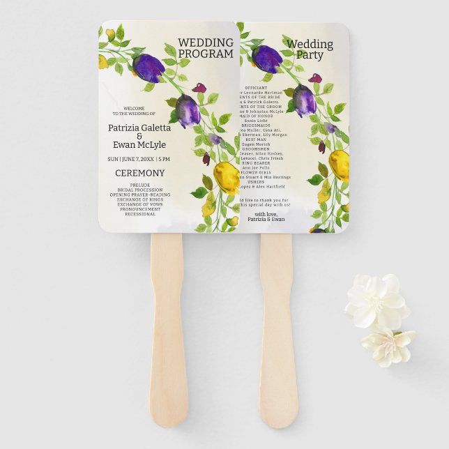 Floral Rectangle wedding program  Hand Fan (Front and Back)