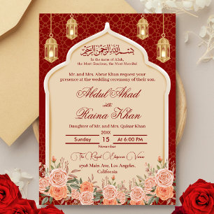 Floral Red and Gold Islamic Muslim Wedding Invitation