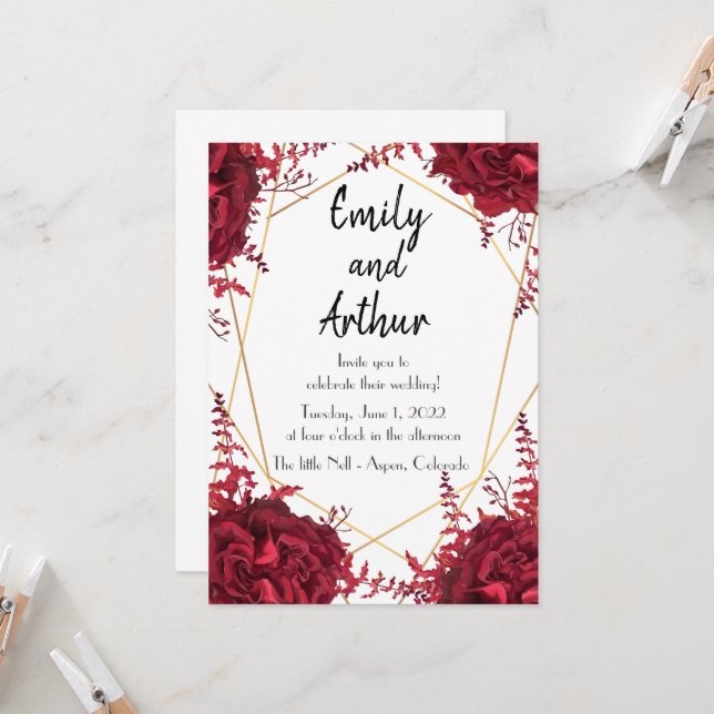 Floral red and gold Set 1 Wedding Invitation (Front/Back In Situ)