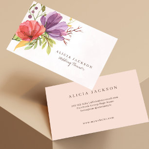 Floral red and purple watercolor wedding planner business card