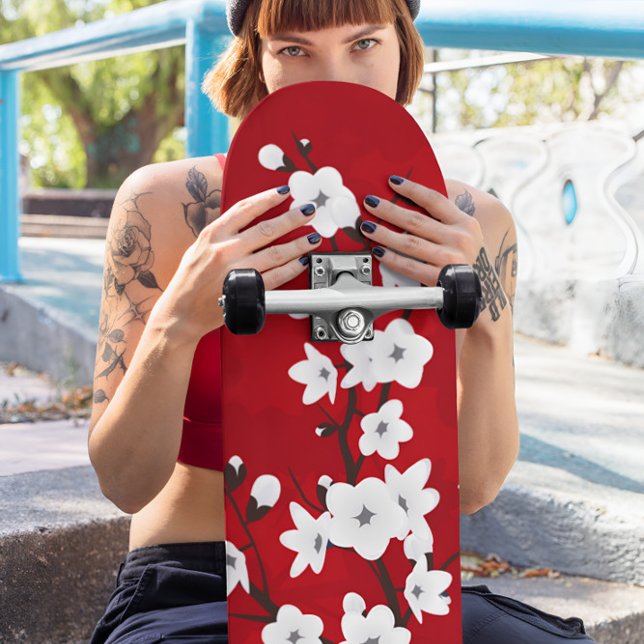 Floral Red And White Cherry Blossom Skateboard (Creator Uploaded)