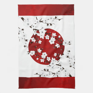 Floral Red And White Cherry Blossoms Rising Sun Tea Towel