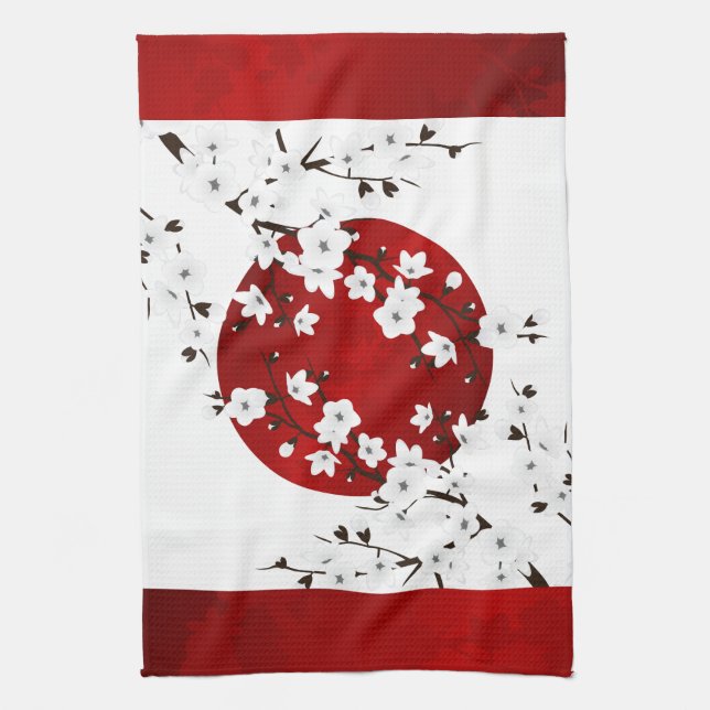Floral Red And White Cherry Blossoms Rising Sun Tea Towel (Vertical)