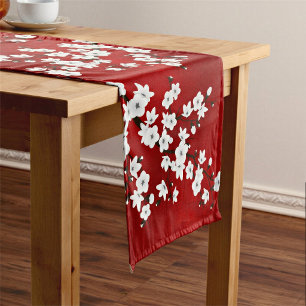 Floral Red And White Cherry Blossoms Short Table Runner