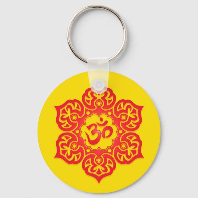 Floral Red and Yellow Aum Design Key Ring (Front)