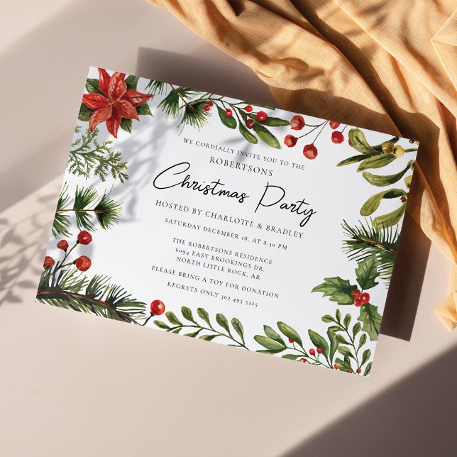 Floral Red Berries Greenery Script Christmas Party Invitation (Poinsettia Mistletoe Christmas Party Invitation)